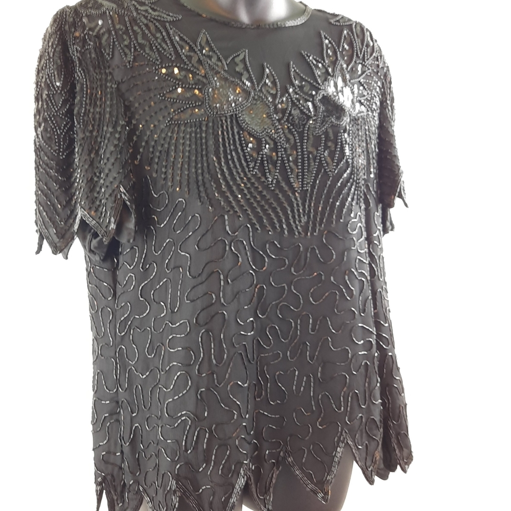 🌹Elegant Vintage Denise Elle Black FormalShort Sleeve Beaded Evening Top
